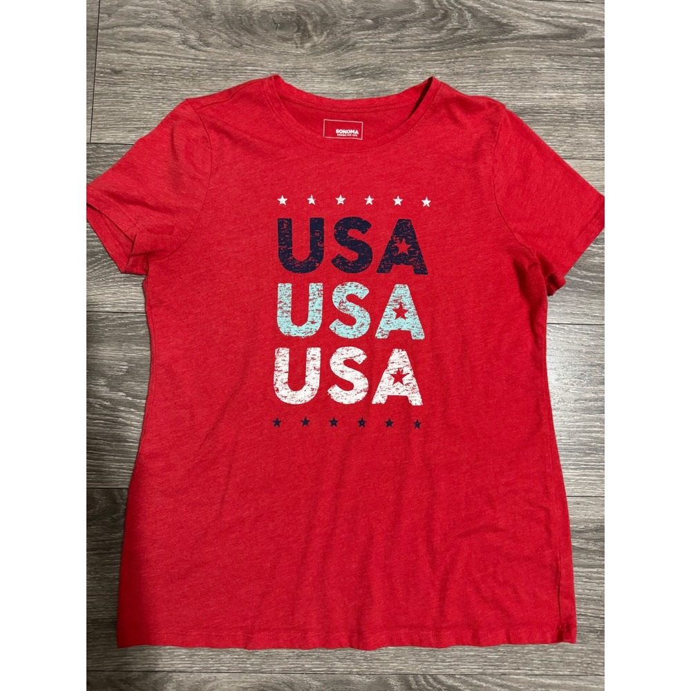Sonoma Cotton Blend Womens USA Graphic T-Shirt Size S Red Short Sleeve Patriotic